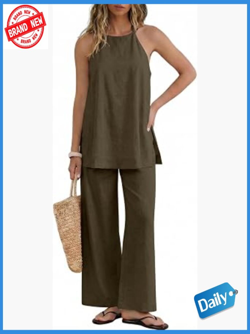 Linen 2 Piece Outfit Halter Top Wide Leg Pants Set Travel Loungewear S M L